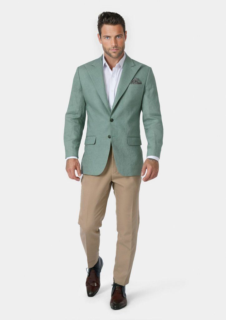 Be the center of attention in this fashionable Hudson Jade Green Linen Jacket. Made with 100% linen, it's perfect for those warm, breezy summer days while making a bold statement. Unique and stylish, this custom jacket is sure to turn heads! Summer Linen Outerwear With Lapel Collar, Tailored Linen Outerwear For Spring, Elegant Linen Sport Coat For Spring, Summer Linen Sport Coat With Welt Pockets, Spring Formal Linen Outerwear, Tailored Long Sleeve Summer Outerwear, Tailored Linen Sport Coat For Spring, Summer Green Linen Blazer, Spring Linen Sport Coat With Notch Lapel