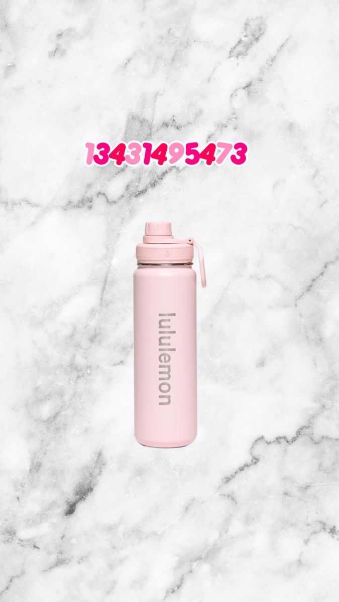 a pink water bottle sitting on top of a marble counter