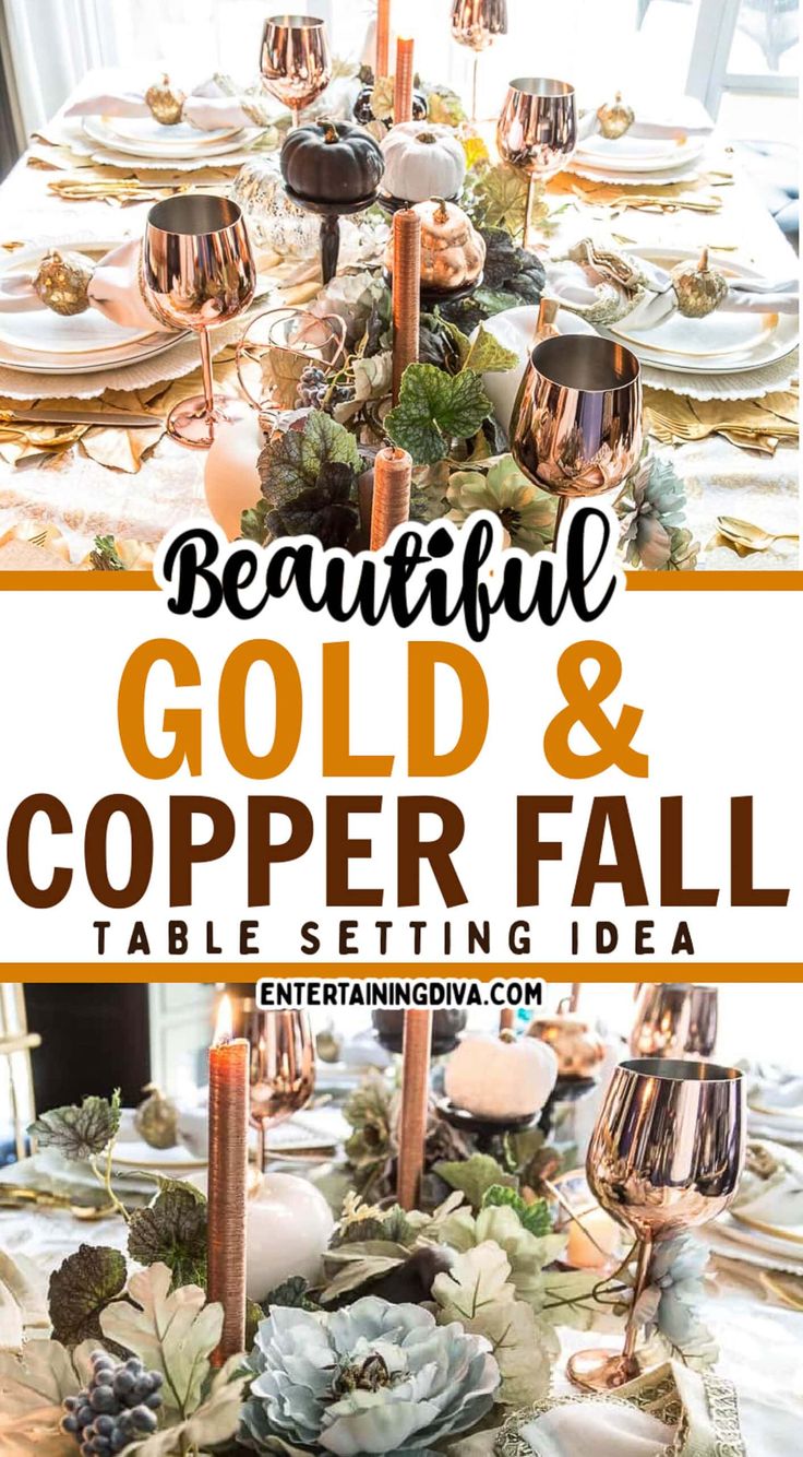 a gold and copper table setting with candles