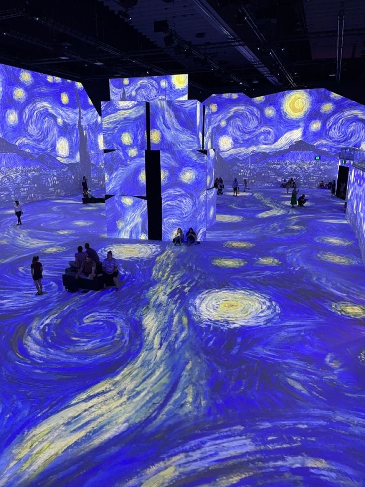 the starry night at The lume in Melbourne Van Gogh Starry Night Exhibition, Vincent Van Gogh Exhibition, Art Exhibit Aesthetic, The Starry Night Aesthetic, Van Gogh Exhibition Aesthetic, Van Gogh Museum Amsterdam Aesthetic, Starry Night Painting Aesthetic, Starry Night Museum, Art Exhibition Aesthetic