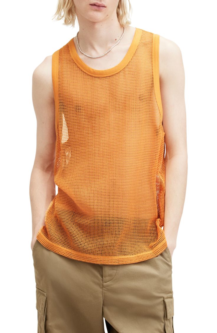 It's all about what's underneath in this rakish cotton tank textured in an airy open-stitch knit. Crewneck 100% cotton Machine wash, tumble dry Imported Tangerine Orange, Knit Crewneck, All Saints, Tumble Dryer, Nordstrom, Crew Neck, Orange, Knitting