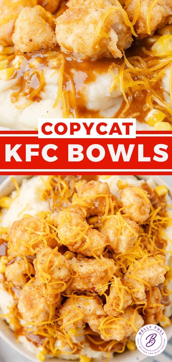 two pictures with different types of food and the words copycat kfc bowls above them