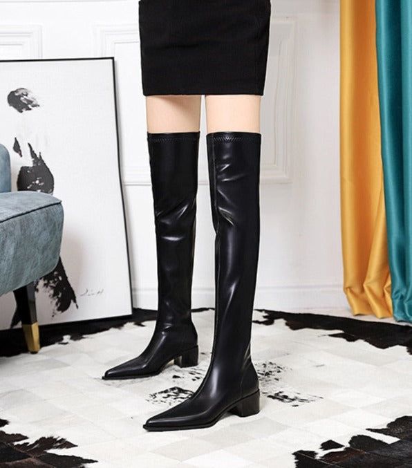 Be fashion-forward with these chic Over Knee High Boots! Made of soft vegan leather and featuring a square heel and pointed toe, these comfy boots will be your go-to accessory for every 'fit. Strut fearlessly while feeling guilt-free, because your stylish look is now animal-friendly! ​ Shaft Material: PU Outsole Material: Rubber Upper Material: PU Insole Material: PU Heel Type: Square heel Boot Height: Over-the-Knee Toe Shape: Pointed toe Fit: Fits true to size, take your normal size Closure Typ Over Knee High Boots, Comfy Boots, Vegan Leather Boots, Comfy Boot, Heel Boot, Pu Heels, Guilt Free, Heel Type, Black Leather Boots