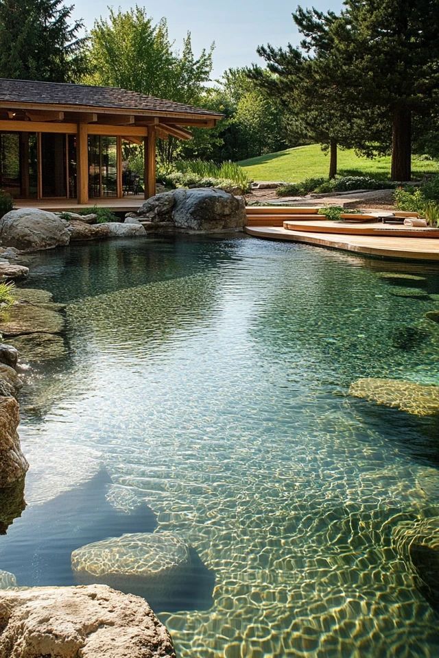 an outdoor swimming pool surrounded by rocks and trees