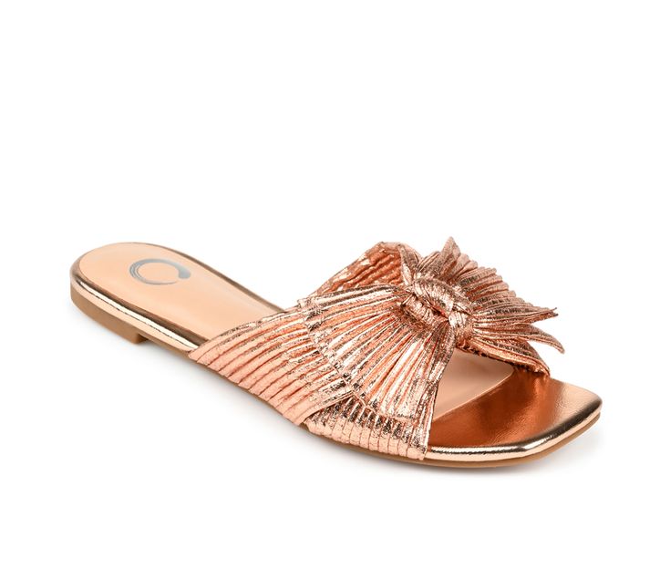 Let your style shine in the Serlina by Journee Collection. Metallic fabric and a pleated bow top this backless sandal. An open-toe and a comfortable 4 mm Tru Comfort Foam™ insole perfect this bold design. Tru Comfort Foam™ Pleated Metallic Material, Bow Detail, Slide Style, Open Square Toe. Man-made upper, Slip-on for easy entry,1/2 sole height, Open toe, Tru Comfort Foam™ insole for added comfort, Man-made synthetic outsole | Women's Journee Collection Serlina Sandals in Rose Gold Size 7.5 Medi Low Block Heel Sandal, Wide Width Sandals, Bow Top, Platform Block Heels, Open Toed Heels, Block Heel Sandals, Bow Flats, Metallic Fabric, Open Toe Shoes