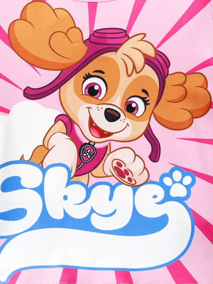 a pink shirt with an image of a dog on it's chest and the words skye