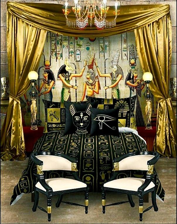 an egyptian themed bedroom with gold drapes and black bedding, chandelier hanging from the ceiling