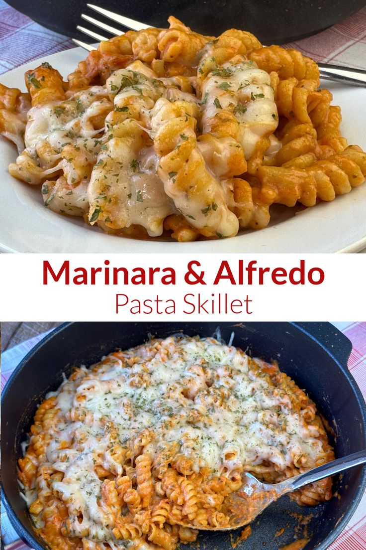 Collage of plate and skillet full of pasta with alfredo and marinara sauce. Red Sauce Recipe, Pasta Marinara, Pasta With Alfredo Sauce, Crockpot Pasta, Marinara Recipe, Marinara Sauce Recipe, Simple Family Meals, Pasta Recipes Alfredo, Red Sauce Pasta