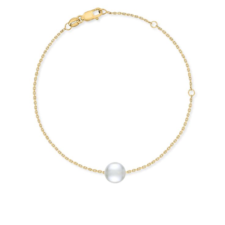 14K Yellow Gold Slider Bracelet with a 7mm White Akoya Pearl. The bracelet is adjustable to approximately 5.25", 6.25" and 7". Yellow Gold Pearl Jubilee Bracelet, Timeless Yellow Gold Jubilee Pearl Bracelet, Yellow Gold Jubilee Pearl Bracelet, Classic Gold Bracelet With Adjustable Chain, Minimalist 14k White Gold Bracelets, Minimalist 14k Gold White Bracelet, Minimalist White 14k Gold Bracelets, White Round Chain Bracelet In Fine Jewelry Style, Adjustable 14k Gold White Bracelet