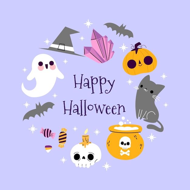 a happy halloween card with various items in the shape of a pumpkin, bat, skull and ghost