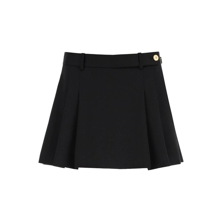 Versace Mini Skirt Crafted In Pure Virgin Wool Gabardine With Front Pleat Detailing, Slanted Side Pockets, Belt Loops And Waist Strap With Gold-Finished Medusa Button. Straight Back With Buttoned Welt Pockets. Side Concealed Zip And Hook Closure. The Model Is 177 Cm Tall And Wears A Size It 40.Material: 100% WvMade In: ItalyColor: BlackCollection: Spring - Summer 20231007398 1a05158 Chic Formal Short Pleated Skirt, Elegant High Waist Pleated Skort, Elegant Short Pleated Skirt For Work, Chic Pleated Skort For Formal Occasions, Elegant Pleated Skort For Office, Elegant Short Pleated Skirt For Office, Elegant Short Pleated Skort, Elegant Short Length Pleated Skirt, Elegant Formal Pleated Skort