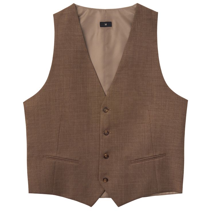 A brown stretch wool blend vest with buttons and a back adjuster. Luxury Brown Vest Outerwear, Brown Suits For Men, Brown Linen Pants, Vest With Buttons, Suit For Men Wedding, Gray Wool Coat, Brown Vest, Brown Suits, Tuxedo Suit