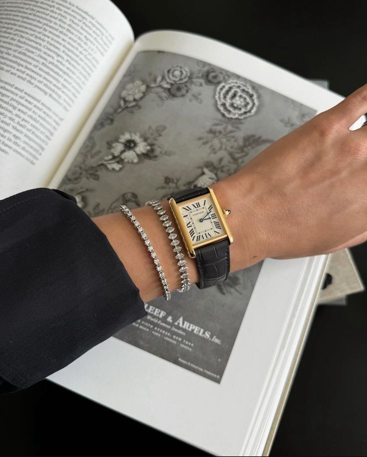 Diamond Tennis Bracelet Stack, Tennis Bracelet Stack, Cartier Tank Watch, Cartier Gold, Tank Watch, Timeless Watches, Cartier Bracelet, Cartier Tank, Diamond Tennis Bracelet