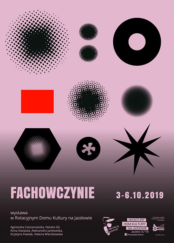 the poster for fachowyczynie is shown in black and pink colors