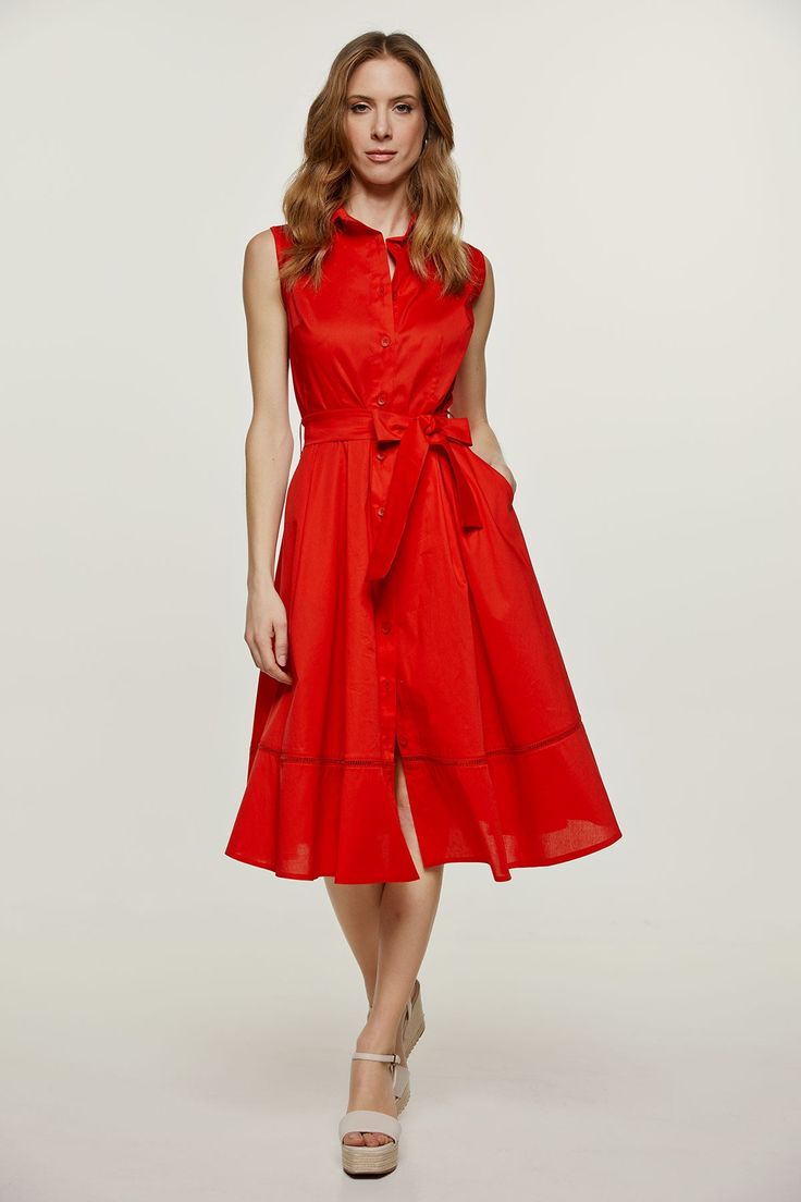 This sleeveless dress is crafted in lightweight woven stretch gabardine fabric. There is a collar and a placket in the front to the hem with decorative shell style buttons. It has a decorative perforated braid, tone on tone, under the shoulders in the front and back and 19cm from the hem. There is seam detail in the front and darts at the bust to ensure a perfect fit. It has a belt in the same fabric, 5cm width, with pleats in front and back. There are 2 interior pockets in the front. Our model is 172cm and is wearing size 36/S. Measurements for size 36 (in cm): Shoulder -34; Chest-42; Waist-36; Bottom-68; Body length-112. 97% cotton-3% elastane Gentle machine wash. Turn garment inside out. Cold water. Mild detergent. Iron on reverse side. Do not tumble dry. Do not bleach. Elegant Sleeveless Dress With Button Closure, Collared Sleeveless Dress For Summer Workwear, Solid Summer Dress With Placket, Summer Dress With Placket, Summer Dress With Solid Color And Placket, Chic Button-up Sleeveless Dress For Work, Sleeveless Buttoned Dress For Spring Formal, Chic Sleeveless Button-up Dress For Work, Chic Sleeveless Collared Dress For Spring