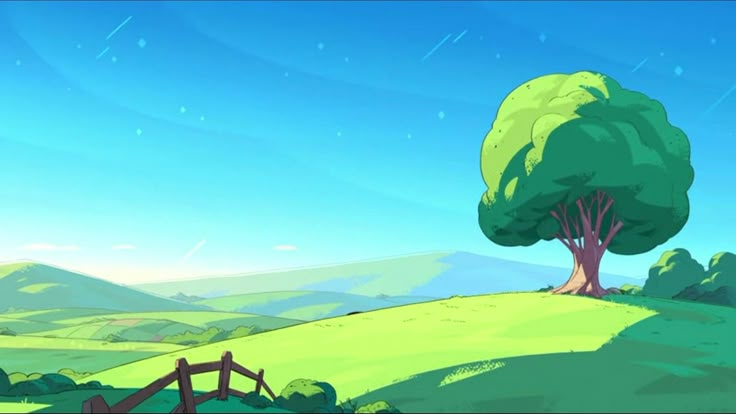 a cartoon scene with a tree in the foreground and mountains in the back ground