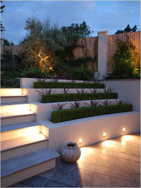 some steps lit up with lights and plants