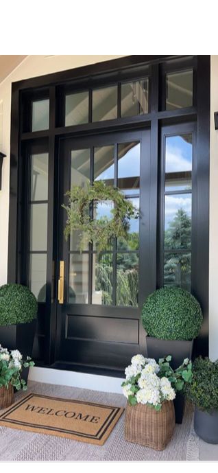 two potted plants sitting on the side of a door with a welcome mat in front of it