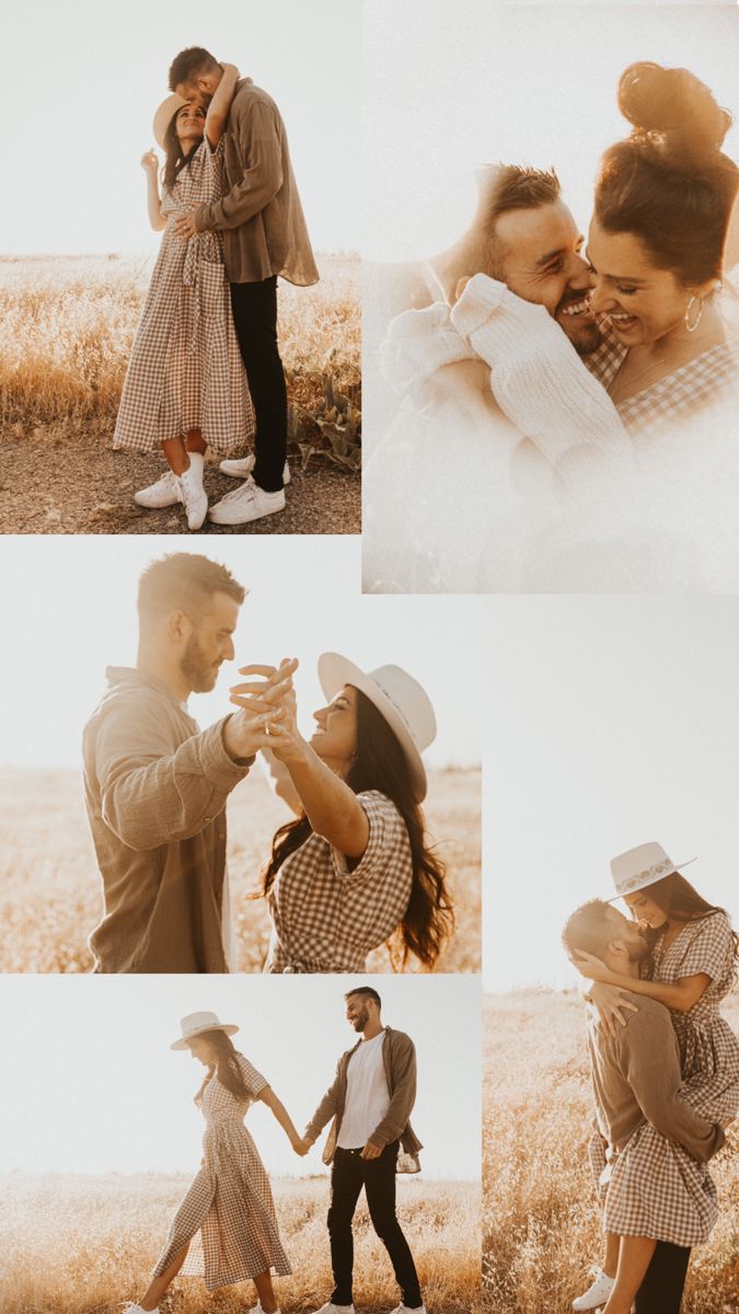 a man and woman standing next to each other in a field