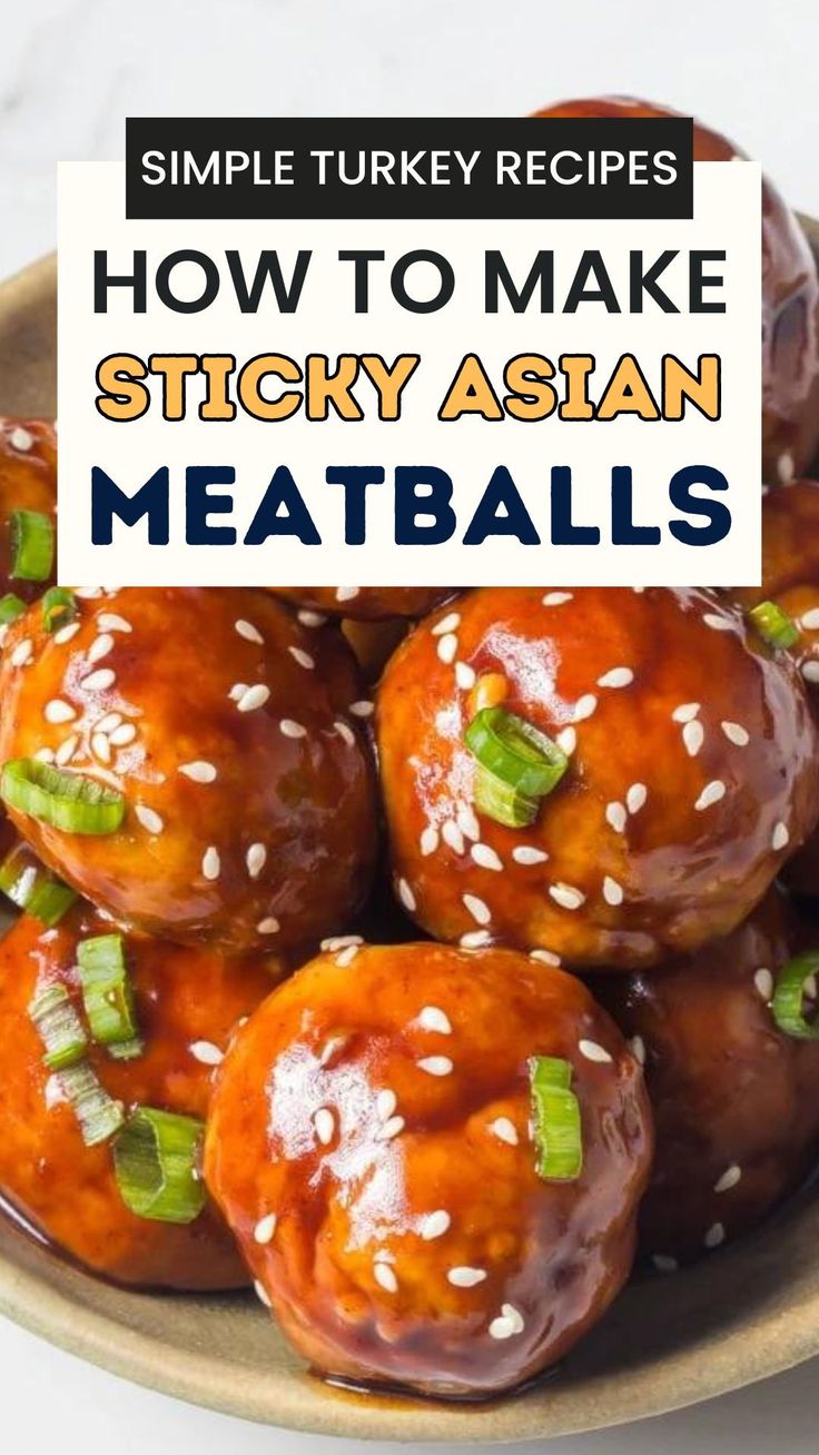 Delicious healthy sticky Asian turkey meatballs that super easy to make. Simply mix, oven bake and toss them in this tasty sauce then serve. Make this an easy meal by using leftover ground turkey! Serve these easy sticky and saucy Asian meatballs with rice, noodles or soup. An easy appetizer, side dish, lunch and dinner or superbowl party food option if you're cooking for a crowd! Leftover Ground Turkey, Bbq Turkey Meatballs, Meatballs With Rice, Easy Turkey Meatballs, Asian Turkey Meatballs, Asian Turkey, Easy Turkey Recipes, Asian Meatballs, Chinese Foods