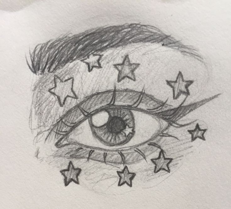 a pencil drawing of an eye with stars on the iris's lashes and eyeshade