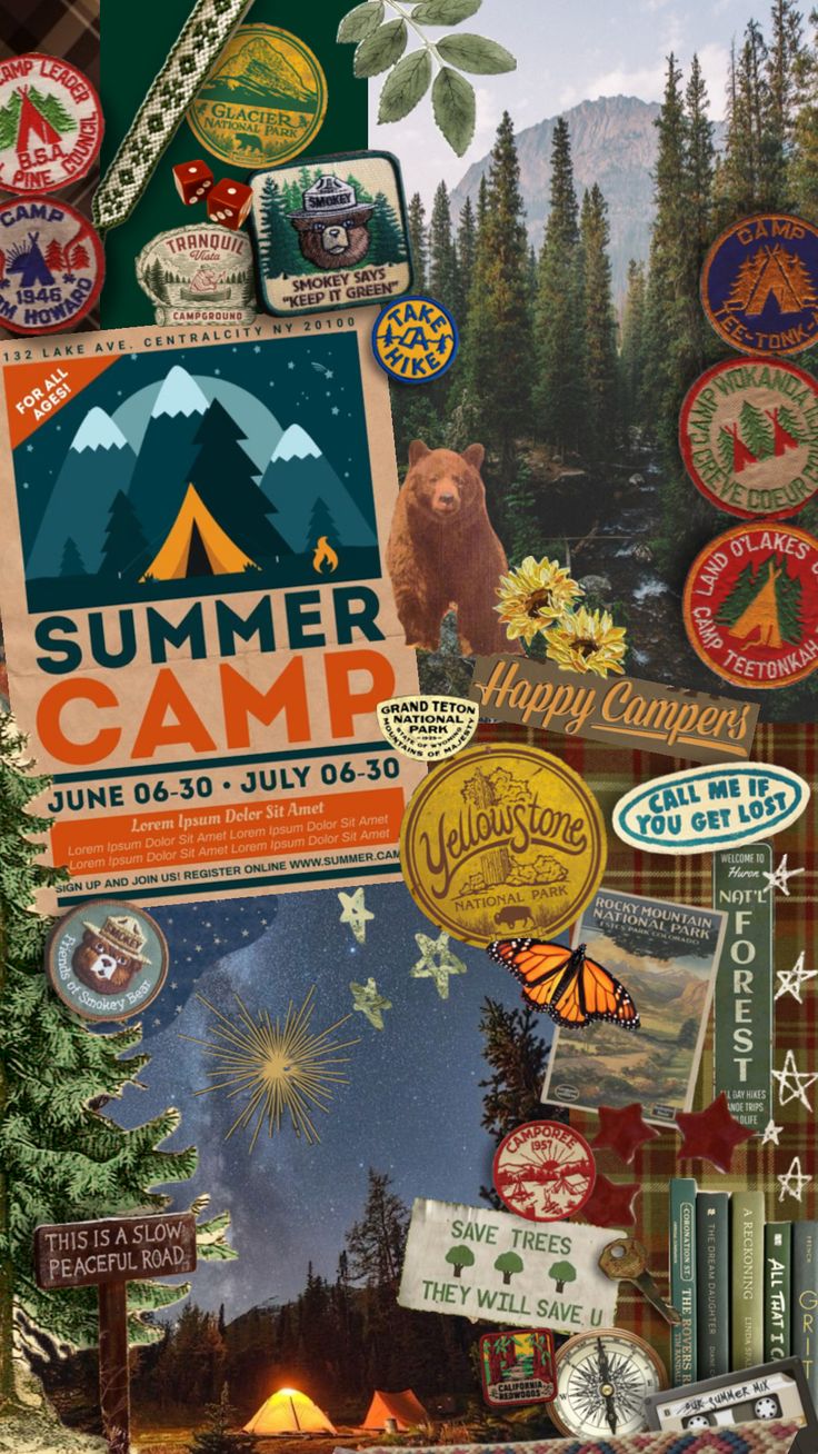 a collage of various stickers and magnets with the words summer camp on them