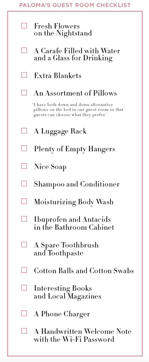 the printable menu for paloma's guest room checklist is shown in red