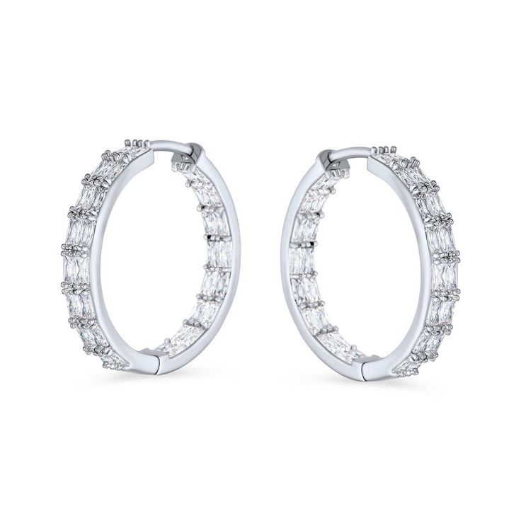 These stunning bridal hoop earrings are affordable luxury. Rhodium plated with sparkling cubic zirconia rectangles, they exude elegance. Post back closures ensure secure wear, making these silver-toned earrings a must-have for any occasion. Carat Size Chart, Hoop Earrings Silver, Hoop Earrings Gold, Cubic Zirconia Jewelry, Womens Jewelry, Cz Jewelry, Diamond Shop, Affordable Luxury, Bling Jewelry