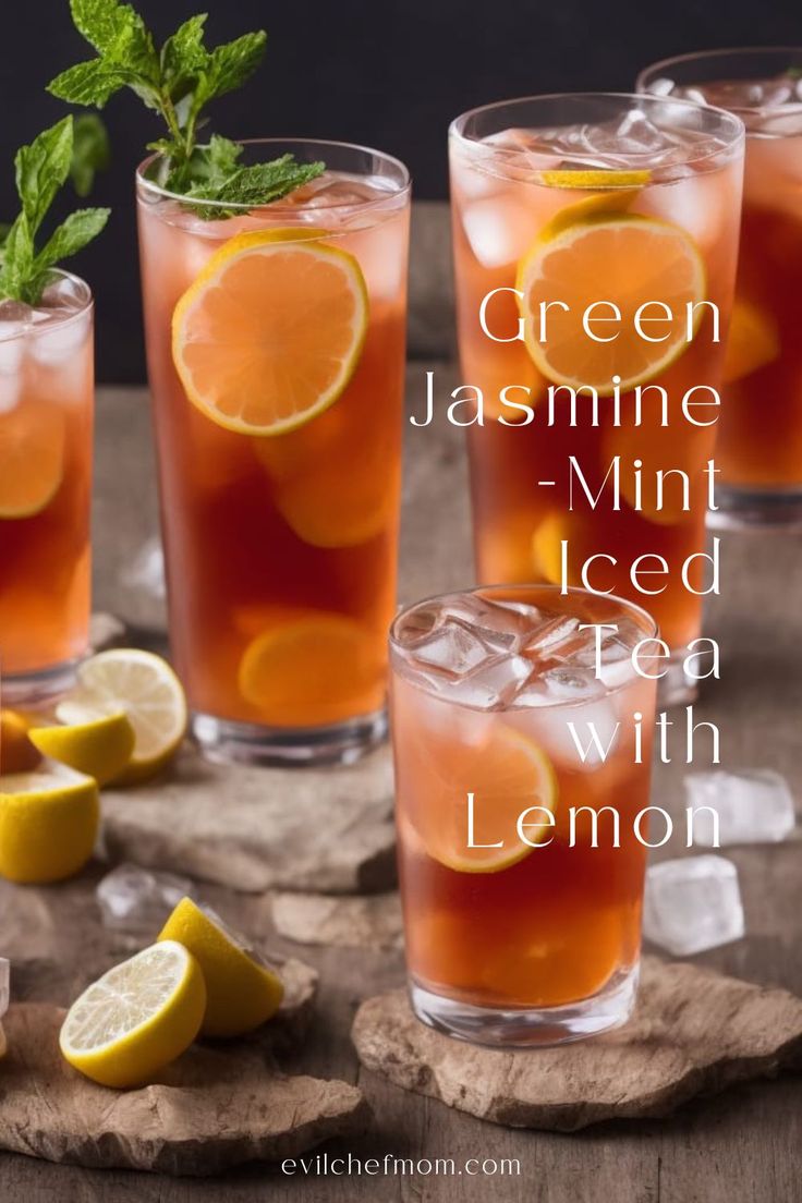 three glasses filled with iced tea and lemons on top of a wooden cutting board