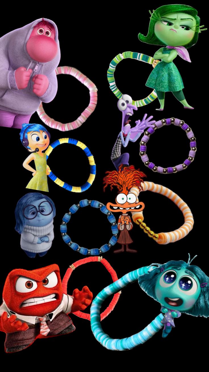 various cartoon characters are grouped together on a black background