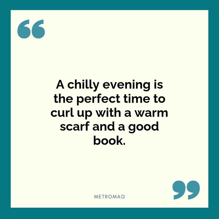 a quote from metromag that reads, a chilly evening is the perfect time to curl up with a warm scarf and a good book