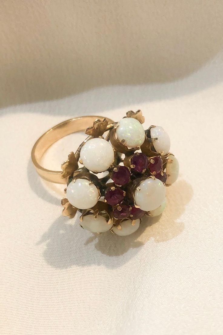 Antique Georgian 18k Opal & Ruby Ring in excellent condition. Stamped 18K. Approx. size 7. Electric Feathers, Ryan Roche, Ace And Jig, Christian Wijnants, Raquel Allegra, Black Crane, Rachel Comey, Mary Katrantzou, Magnolia Pearl