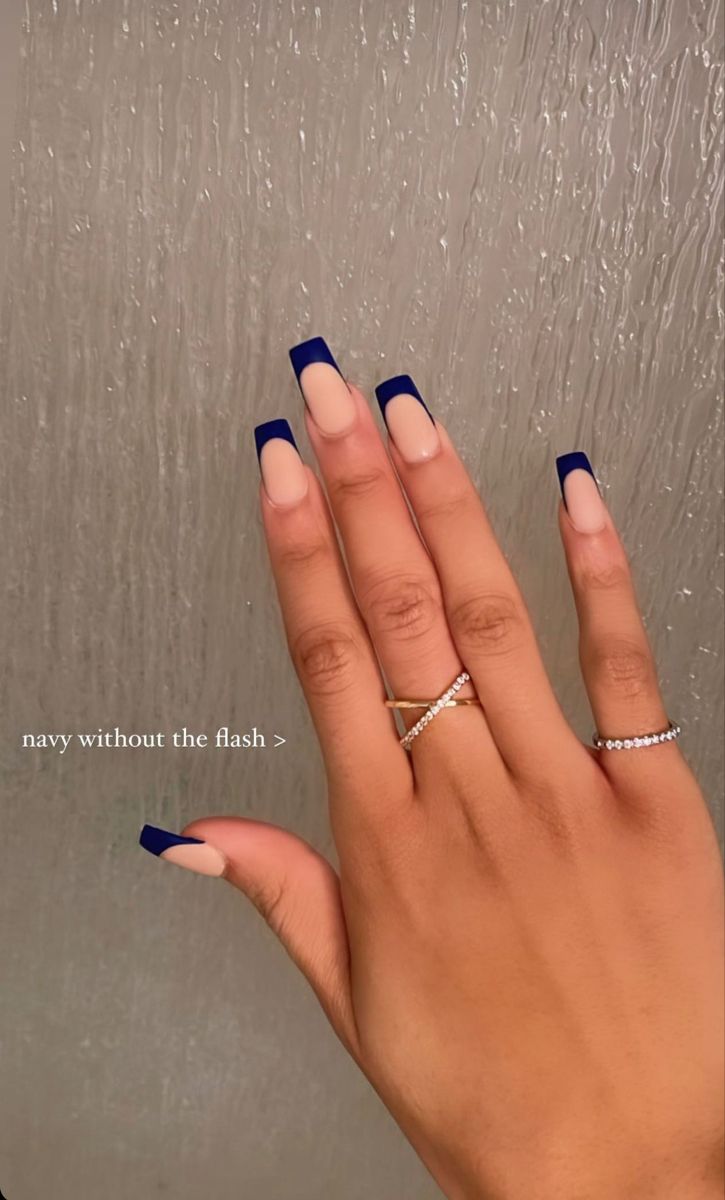 Dark Blue French Tip Acrylic Nails, Dark Blue Nails Inspiration, Navy Nails Square, Hoco Nail Ideas Navy Blue, Nails Acrylic Dark Blue French Tip, Navy French Tip Nails Coffin, Square Navy Blue Nails, Navy French Tip Nails Square, French Tips Navy Blue