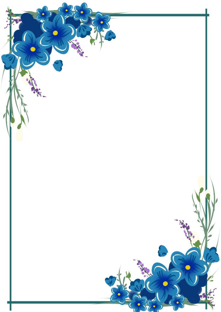 blue flowers with green leaves and stems on a white background in the shape of a square frame