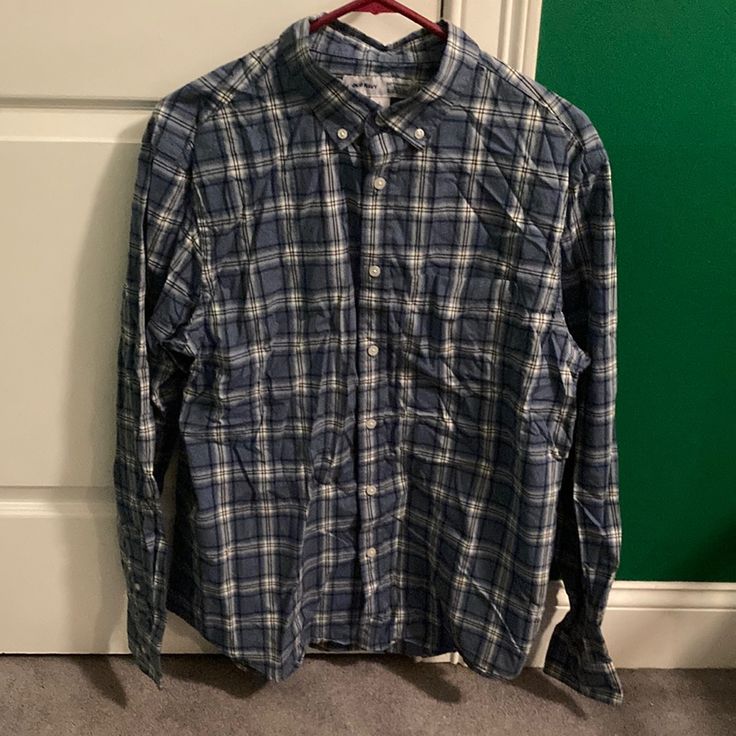 Never Worn, Still Has The Tangs On It Casual Workwear Flannel Shirt With Buttons, Casual Flannel Workwear Shirt, White Cotton Flannel Shirt With Button Closure, White Cotton Button-up Flannel Shirt, Summer Casual Flannel Shirt With Button Closure, Casual Summer Flannel Shirt With Button Closure, Blue Button-up Shirt, Spring Button-up Flannel Shirt With Button Closure, Blue Long Sleeve Flannel Shirt With Button Closure