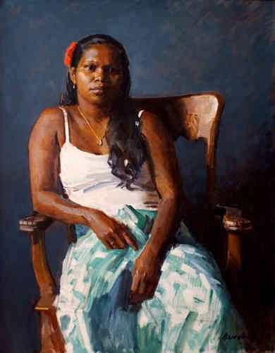 a painting of a woman sitting in a chair with her hand on her hip and looking off to the side