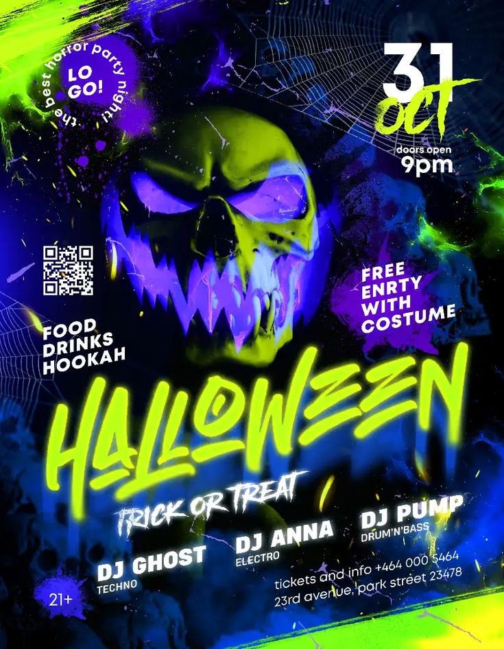 a flyer for a halloween party with neon colors and an image of a skull on it