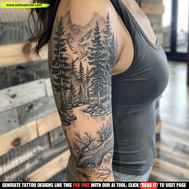 a woman with a forest tattoo on her arm