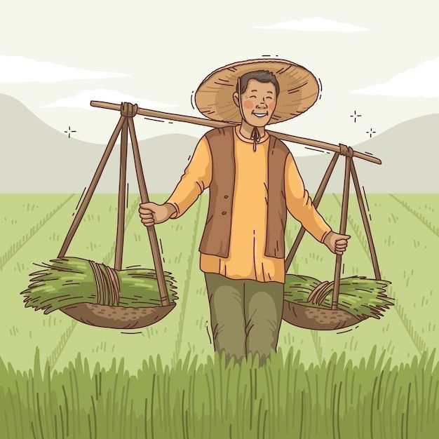 a man with a straw hat on his head is holding two swings in the grass