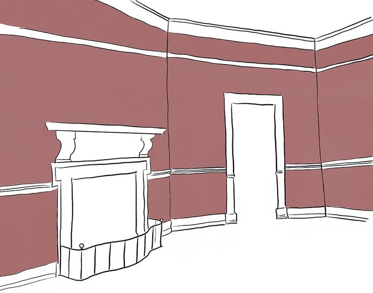 an empty room with red walls and white trim