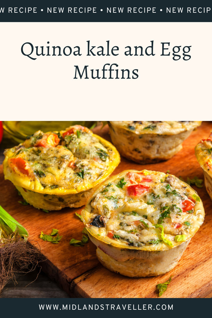 quiche and egg muffins on a wooden cutting board with text overlay