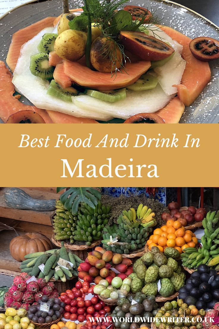 Plate of tropical fruits and a market stall piled high with colourful fruits and vegetables Madeira Food, Exotic Travel Destinations, Fish Tropical, Drinking Around The World, Honey Cake, Eat And Drink, Drink Menu, Fresh Fish, Tropical Fruits