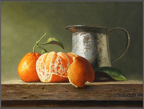 an oil painting of oranges and a watering can