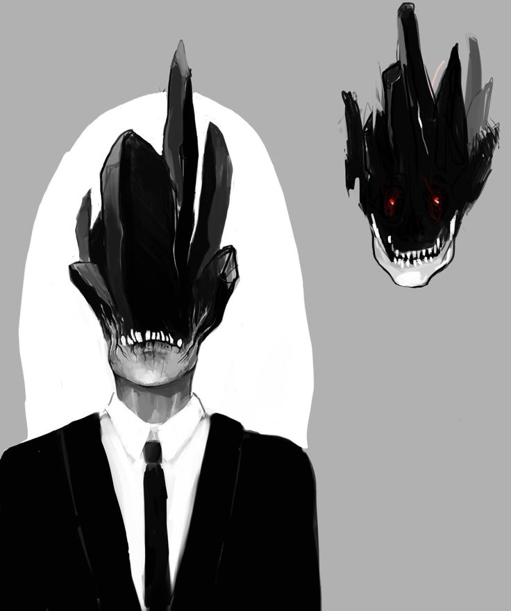 a man in a suit and tie with an alien mask on his head, next to a drawing of a demon's head