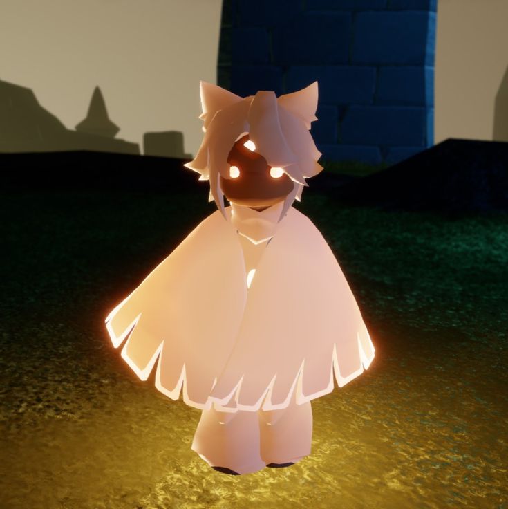 a cartoon character with glowing eyes standing in front of a brick wall and grass area