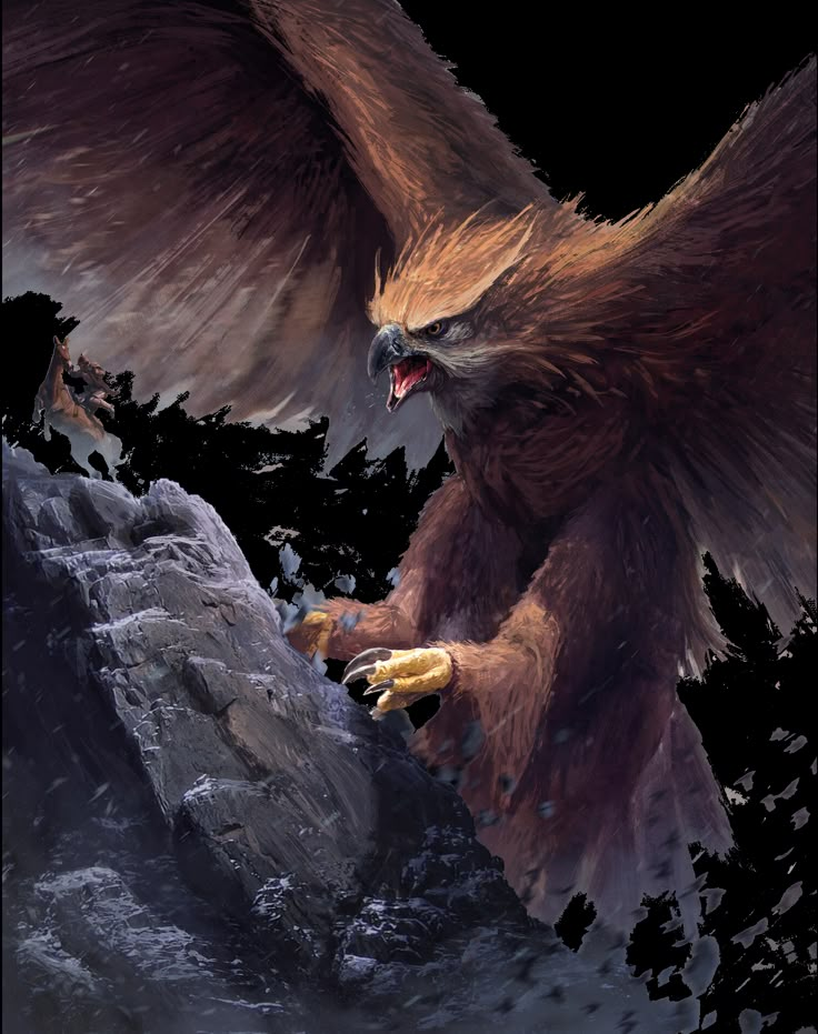 a large bird with its wings spread out and claws extended, perched on a rock