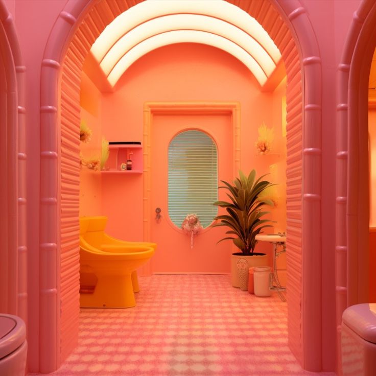 Cozy Spanish art deco bathroom with lush cactus views. Bold plastic materials and retro patterns. Retro Futuristic Bathroom, Vaporwave Bathroom, 1920s England, Spanish Art Deco, Futuristic Bathroom, Barbie Bathroom, Art Deco Bathroom, Deco Bathroom, Spanish Art