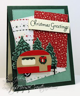 a christmas card with a camper and trees