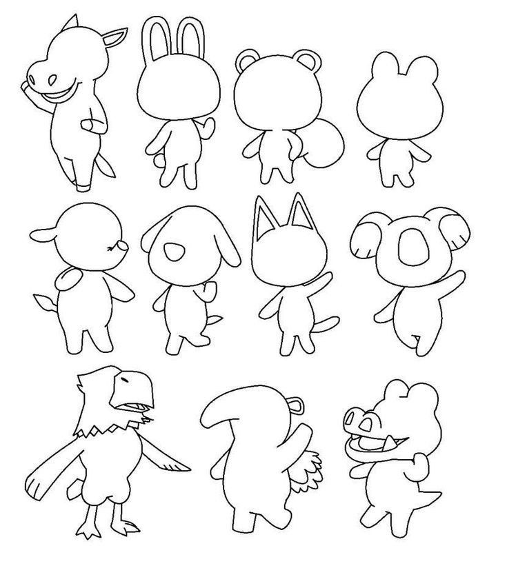 an animal crossing game with many different animals and their names in black and white, including the