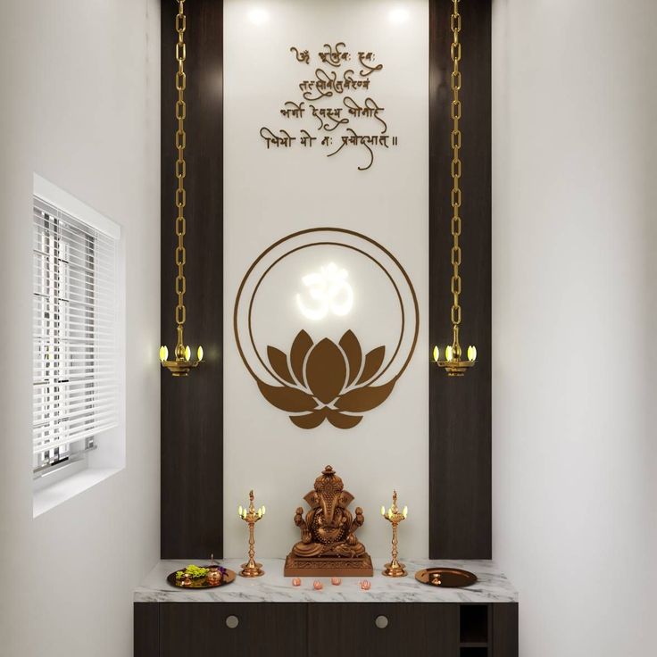 a buddha statue sitting on top of a white counter